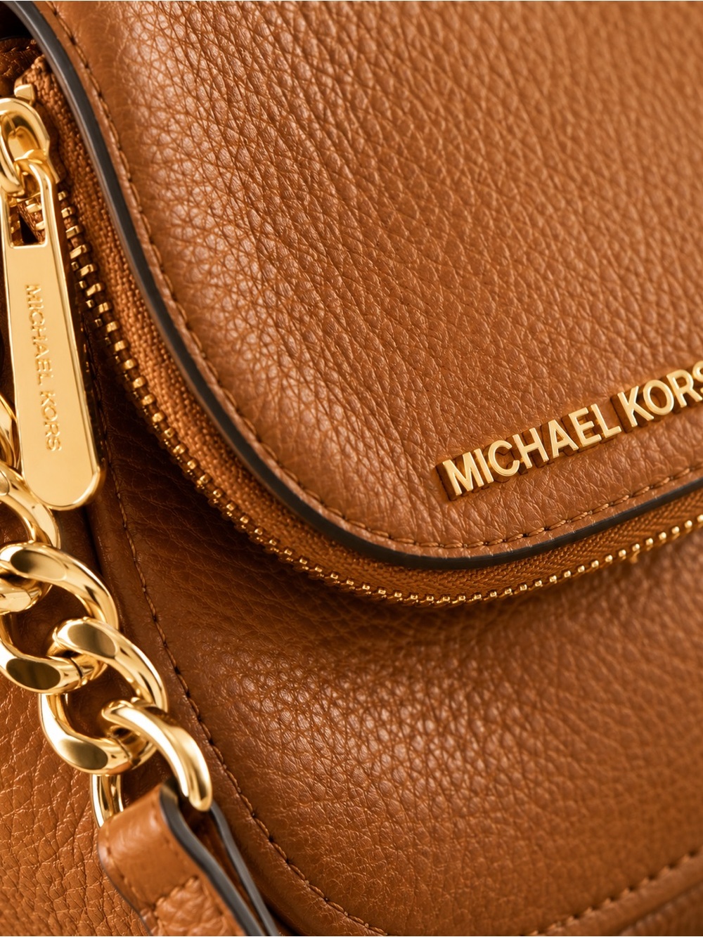 Michael Kors Cognac Pebbled Leather Crossbody Bag Gold Chain Luxe Organizer - Picture 4 of 15